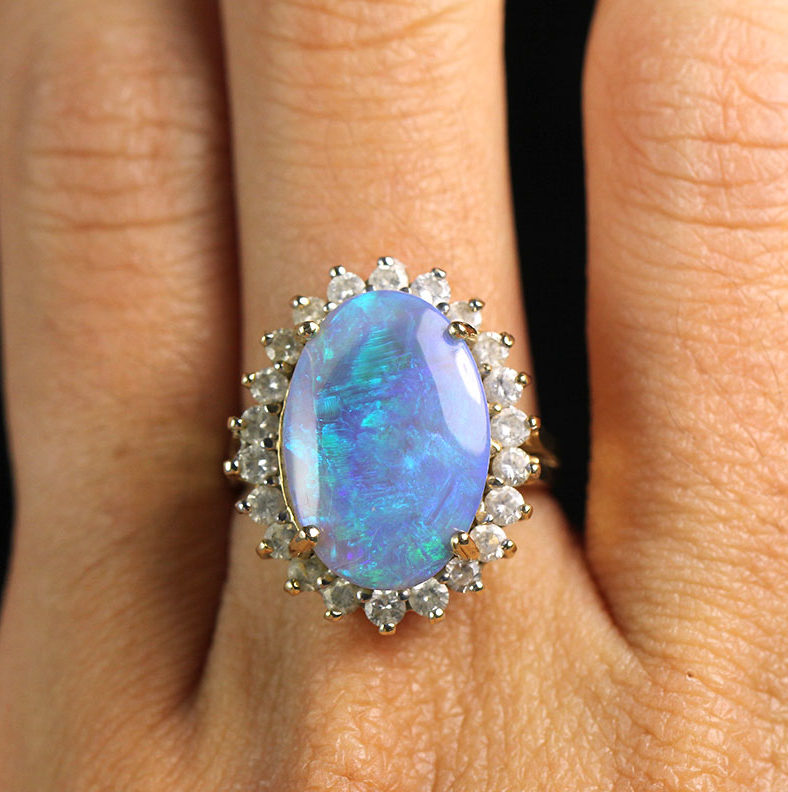 Australian Blue-Green Opal & Diamond 14K Gold ring - Diamond