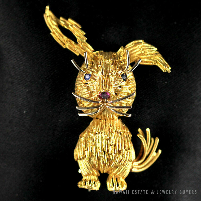 Vintage Designer Sapphire Ruby 18K Yellow Gold Wire Rabbit Brooch Pin -  Diamond Guy Hawaii
