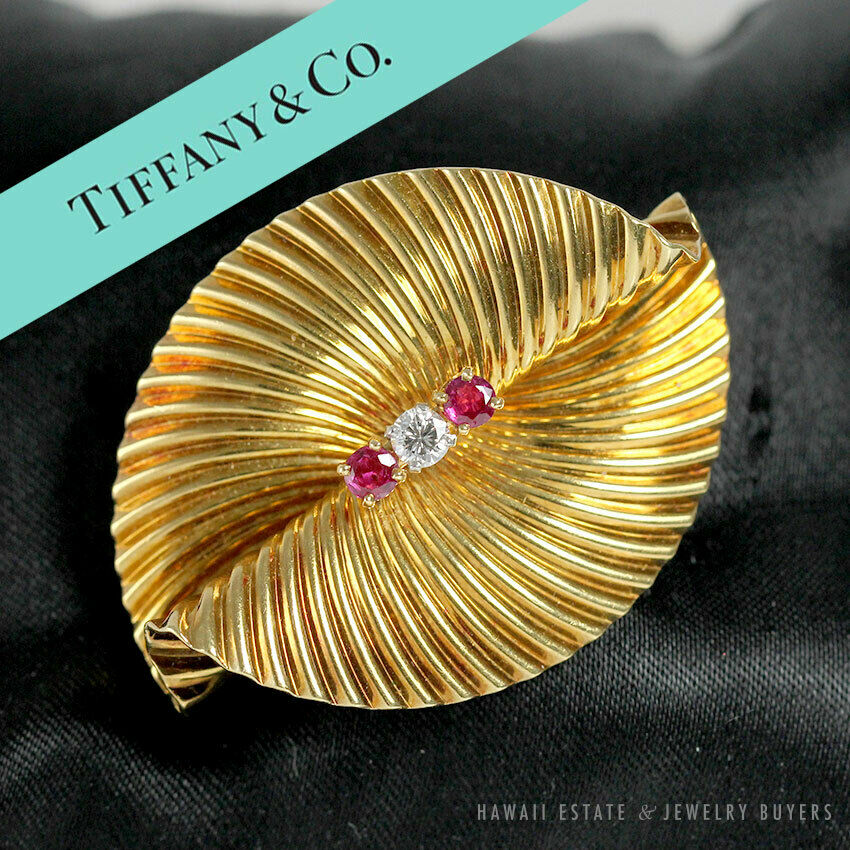 Vintage Authentic Tiffany & Co. Diamond Ruby 18K Yellow Gold Brooch Pin